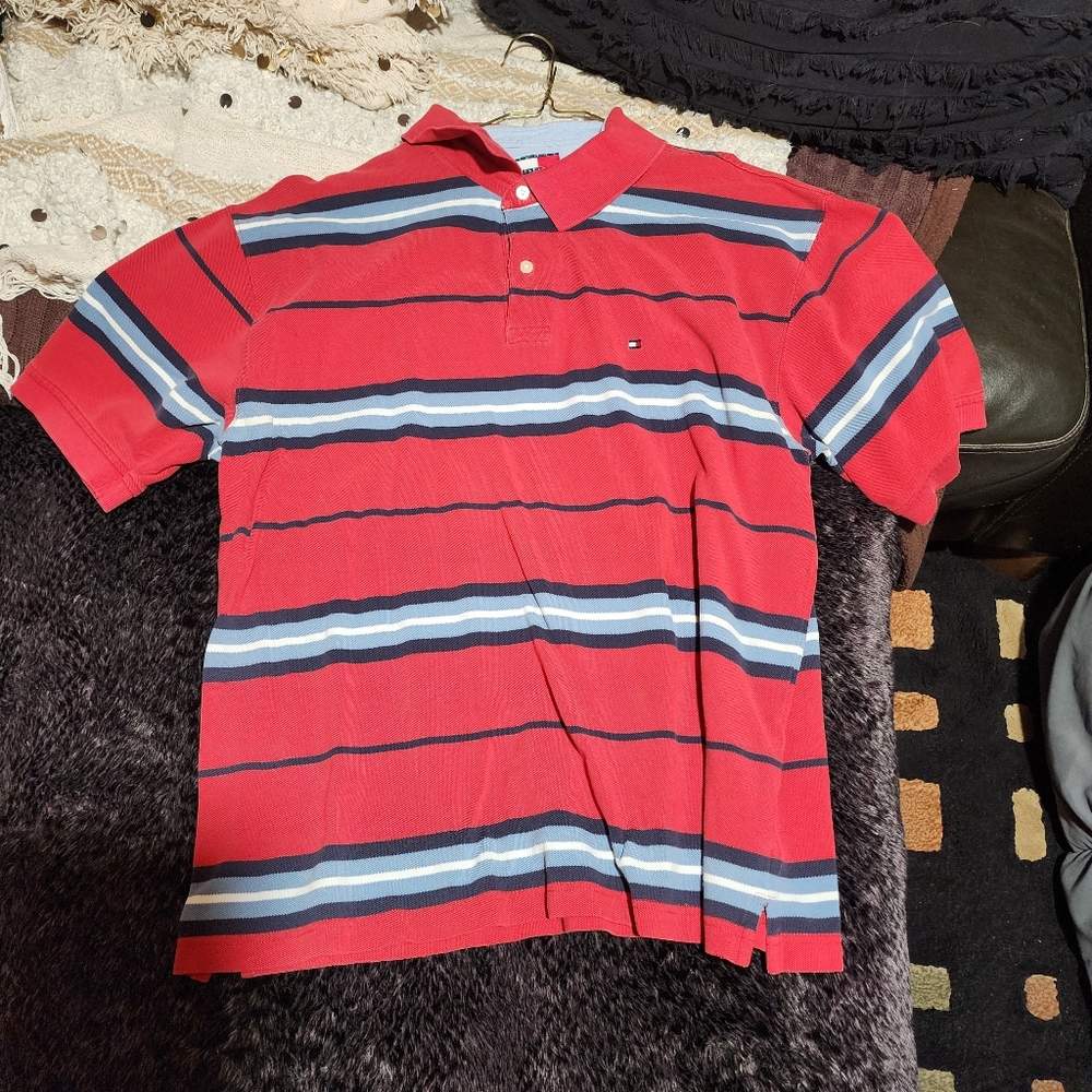 Tommy Hilfiger Red White and Blue Striped Polo Golf T Shirt Mens Size XXL 2XL